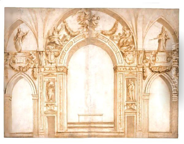 An Elaborate Design For The Decoration Surrounding An Apse And Two Side Chapels Oil Painting - Giorgio Vasari