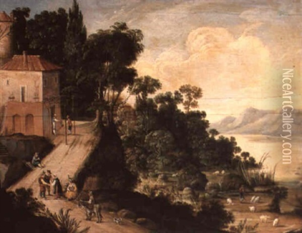 River Landscape With Figures Outside An Inn Oil Painting - Paul Bril