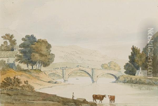 The Bridge At Llanrwst, North Wales Oil Painting - William Daniell RA