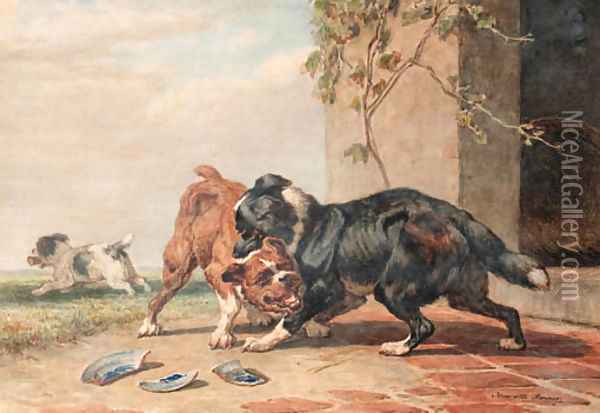 Twee honden vechten om een been, de derde loopt er mee heen Oil Painting - Henriette Ronner-Knip
