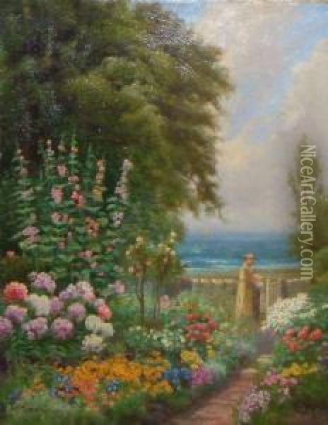 Lady Picking Flowers In Floral Garden By The Sea Oil Painting - Arthur Stanley Wilkinson