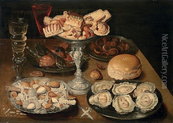 A Silver Tazza Of Sweetmeats, Pewter Platters Of Oysters, Almonds, Figs And Wine On A Table Oil Painting - Osias Beert the Elder