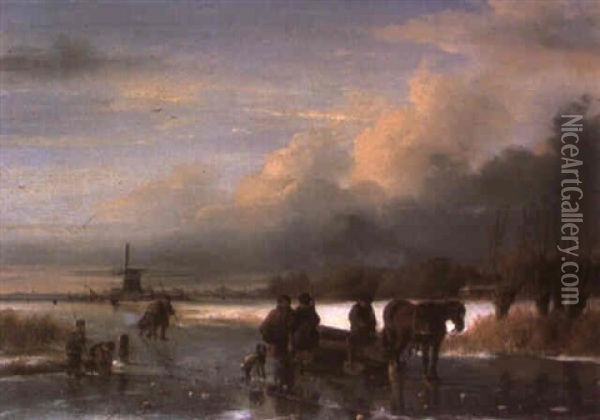 Figures Skating On A Frozen River Oil Painting - Nicolaas Johannes Roosenboom