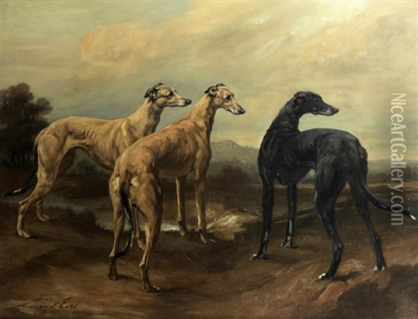 Greyhounds In A Landscape Oil Painting - Maud Earl