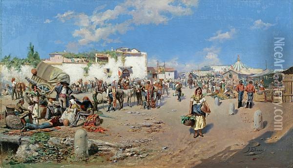 A Busy Market Scene Oil Painting - Jose Echena