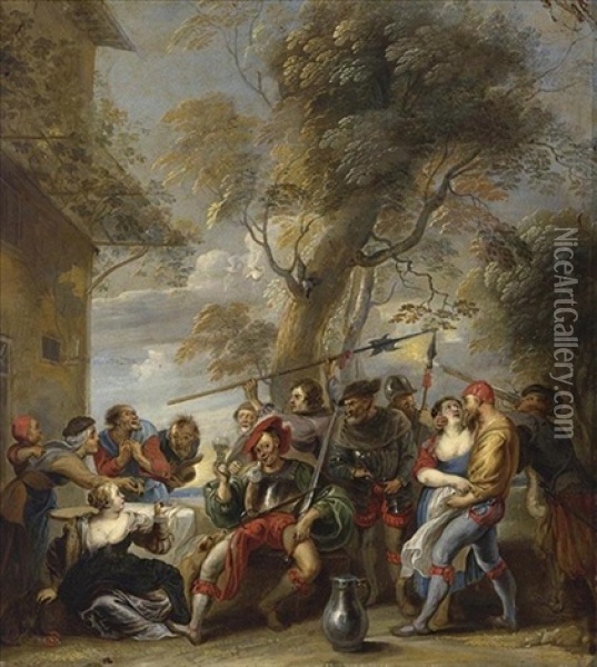 Bandits Assaulting A Group Of Peasants Outside An Inn Oil Painting - Willem van Herp the Elder