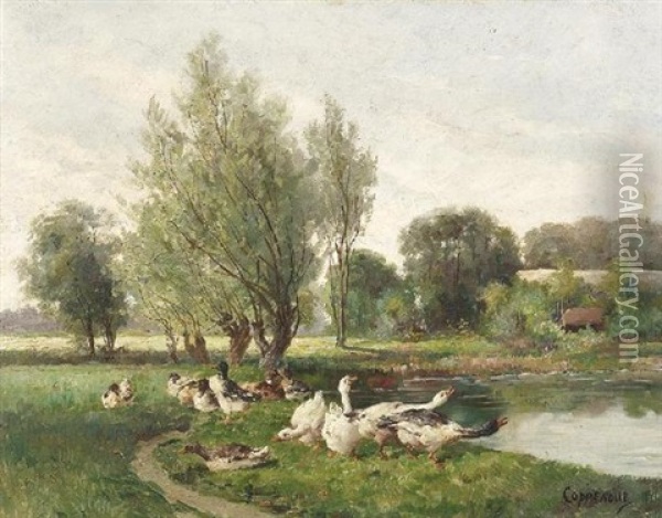 Schnatternde Ganse Am Ufer Eines Sees Oil Painting - Jacques Van Coppenolle