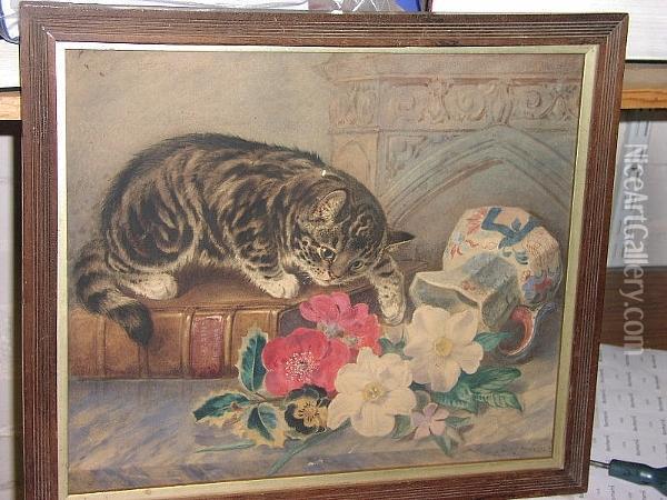 Tabby Kitten Sitting On A Natural History Book, Playing With A Vase Of Flowers Oil Painting - J.M. Burbank