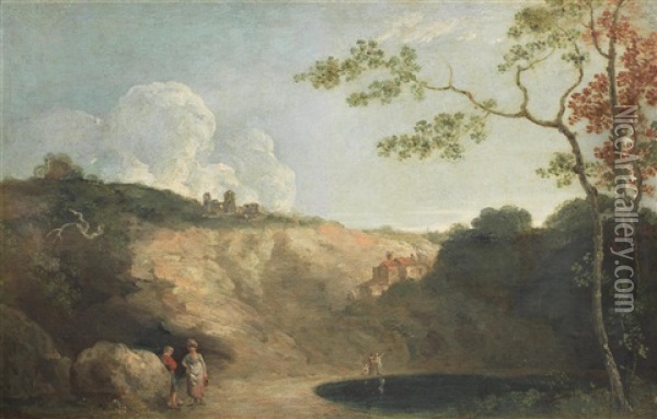 Figures By A Lake In A Mountainous Landscape Oil Painting - Richard Wilson
