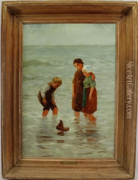 Children Wading In The Shallow Waters Of The Beach Oil Painting - Jozef Israels