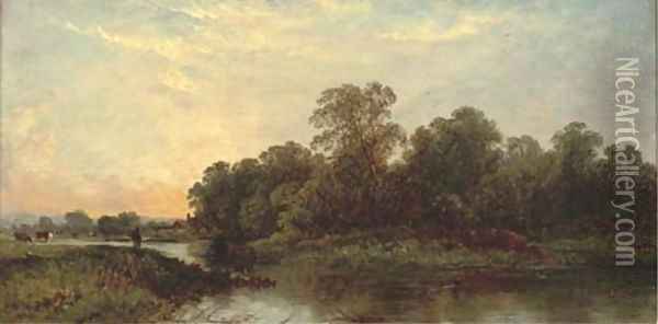 A river landscape at sunset Oil Painting - Edwin Henry Boddington