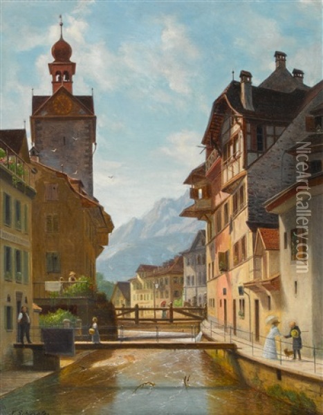 Alt Luzern - Der Krienbach, Bruggligasse Oil Painting - Xaver Schwegler