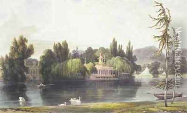 View of Virginia Water with Garden Temples Oil Painting - William Daniell RA