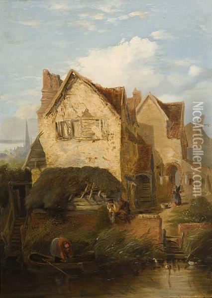 Figures Before A Cottage On The Yare,norwich Oil Painting - Thomas Lound