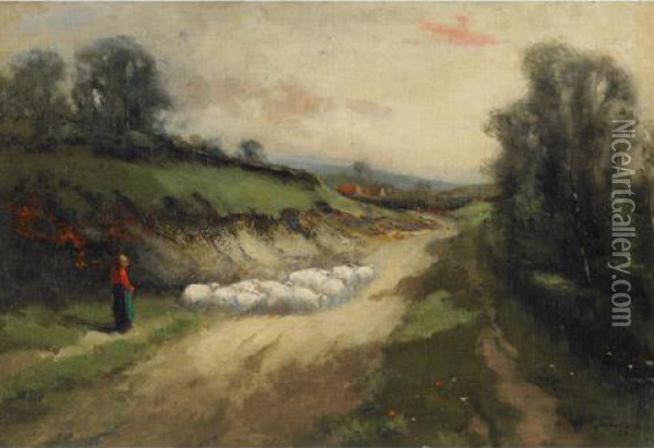 Shepherdess Returning With Sheep Oil Painting - John A. Hammond