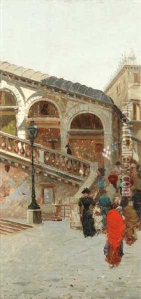 Venetians At The Foot Of The Rialto Bridge Oil Painting - Vettore Zanetti-Zilla