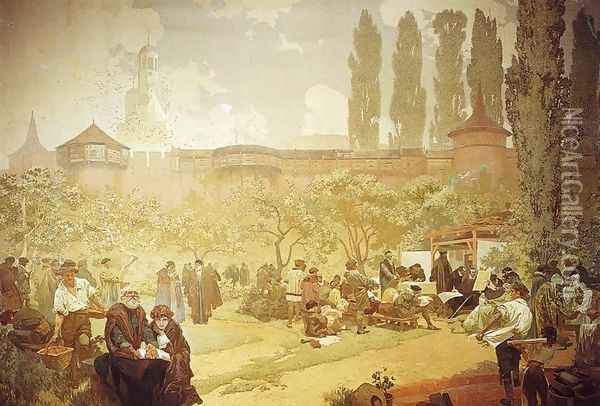 The Printing of the Bible of Kralice in Ivancice, 1914 Oil Painting - Alphonse Maria Mucha