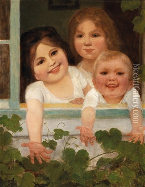 Three Children At The Window Oil Painting - Carl Von Bergen