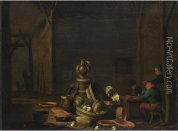 A Barn Interior With Figures Smoking At A Table, A Still Life With Kitchen Utensils And Vegetables In The Foreground Oil Painting - Jan Spanjaert