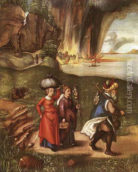 Lot Fleeing With His Daughters From Sodom Oil Painting - Albrecht Durer