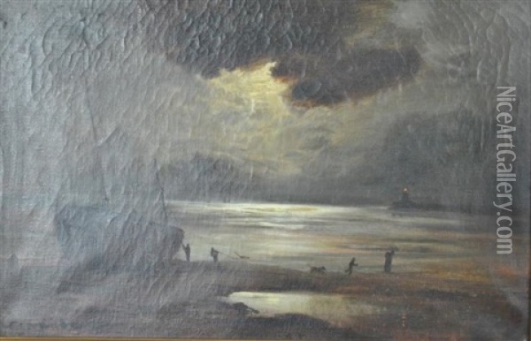Ship And Figures With Dog On The Shore At Moonlight Oil Painting - George Hyde Pownall
