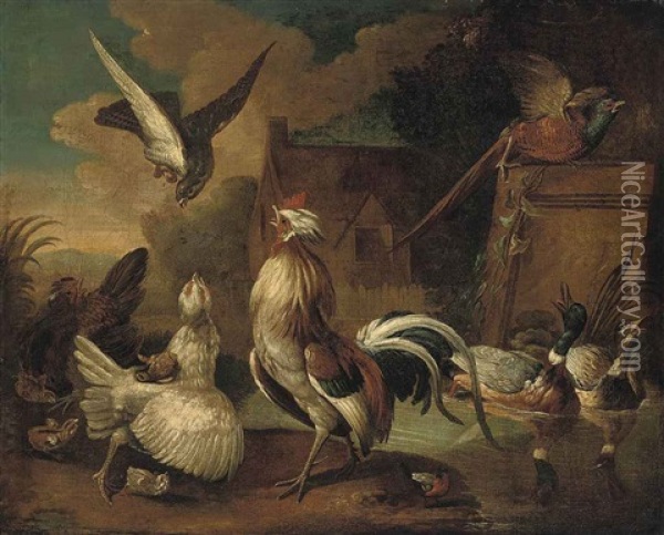 A Village Landscape With A Cockerel Being Attacked By A Hawk Surrounded By Other Birds Oil Painting - Francis Barlow