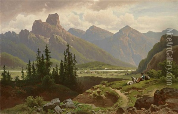 Alpenlandschaft Mit Prachtvollem Massiv, Flusslauf Und Schafer Mit Seiner Herde Oil Painting - Anton Pick