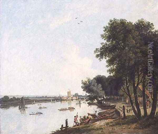 A View of the Thames at Chelsea with the Post Mill at Nine Elms beyond Oil Painting - William Hodges