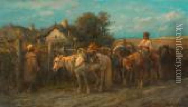 Rider With Horses Before A Courtyard. Oil Painting - Adolf Schreyer