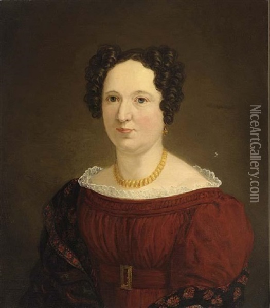 Portrait Of A Lady Wearing A Red Dress With A Lace Collar Oil Painting - Nikolaas Pieneman
