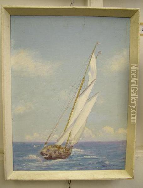 A Gaff-rigged Fishing Boat Sailing In A Stiff Breeze Oil Painting - Robert Morley