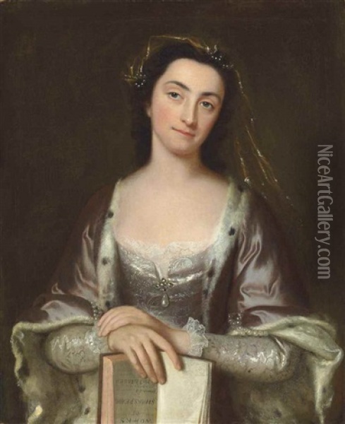 Portrait Of A Lady, Possibly Lady Mary Wortley Montagu (1689-1762), Half-length, In A White Gown And Ermine-lined Mantle, Reading From Lewis Theobald