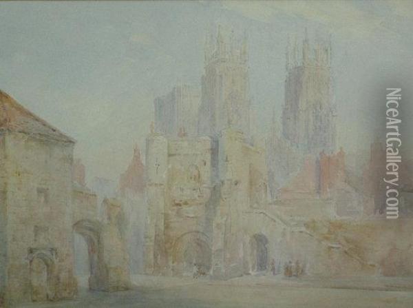 Lincoln Cathedral And City Wall Oil Painting - Herbert John Finn