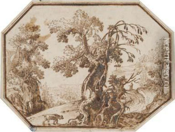 A Landscape With A Gnarled Tree, A Dog And A Hermit On Apath Oil Painting - Remigio Cantagallina
