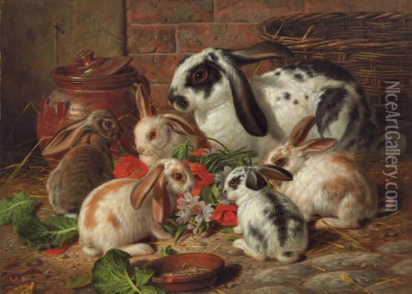 A Family Of Rabbits Oil Painting - Alfred R. Barber