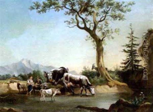 Ein Madchen Treibt Kuhe In Den Bach, Rechts Baume Oil Painting - Friedrich Gauermann