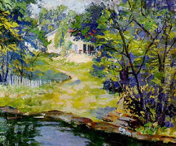 Landscape With Cottage Near A Pond Oil Painting - Pauline Palmer