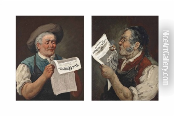 A Man Smoking A Pipe Reading The Illustrated London News, Saturday 9 March Edition (+ A Man Reading A Copy Of The Graphic Dated Saturday May 24, 1879 (both Illustrated); 2 Works) Oil Painting - Claude Regnier