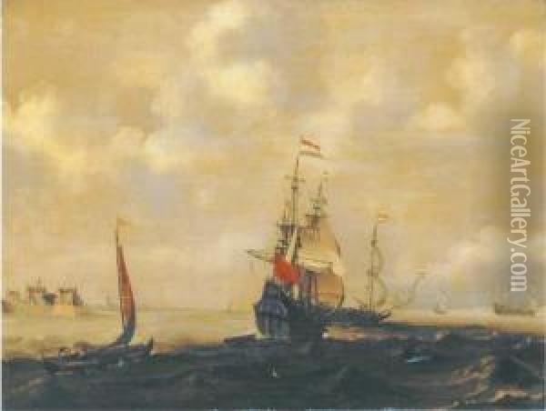A Dutch Three-master And Other Shipping In A Breeze, A City In Thedistance Oil Painting - Simon De Vlieger