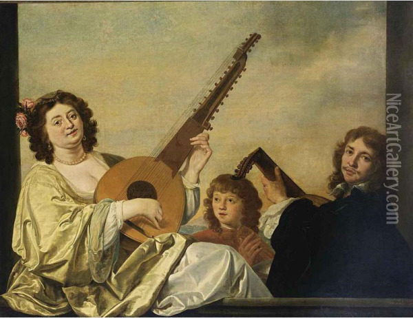 An Elegant Couple Playing A Theorbo-lute And A Lute Together With A Boy Singing Oil Painting - Isaac Mytens