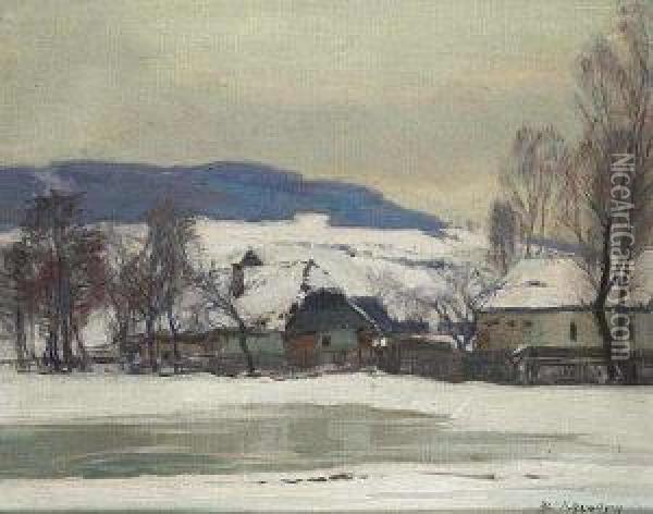 A Winter Landscape With Rural Houses Oil Painting - Alois Kalvoda