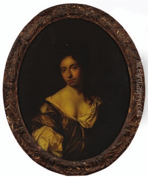 Portrait Of A Lady, Bust-length With Long Dark Hair Wearing A Pale Green And Cream Silk Dress Oil Painting - Mary Beale