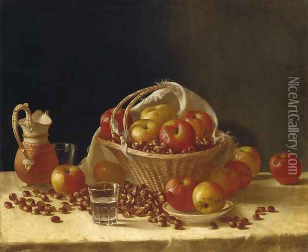 Still Life with Apples, a Basket and Chestnuts Oil Painting - John Defett Francis