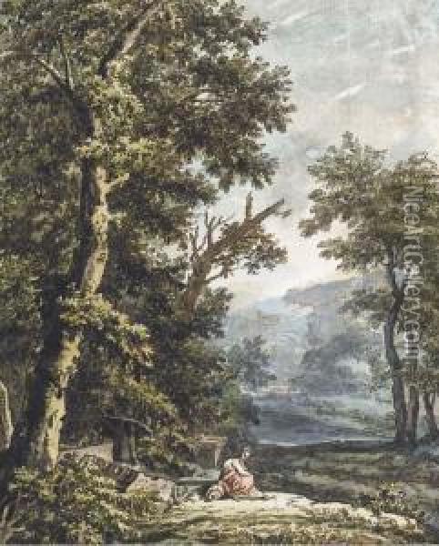 Un Paysage Boise Avec Un Lac, Une Femme Assise Au Pied D'un Chene Au Premier Plan Oil Painting - Jacobus Van Liender