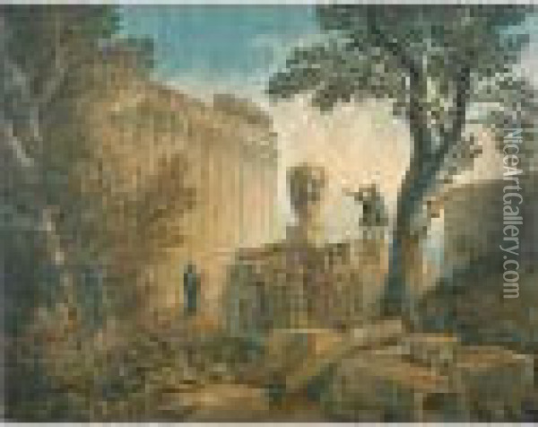 Capriccio With Three Figures Oil Painting - Charles Louis Clerisseau