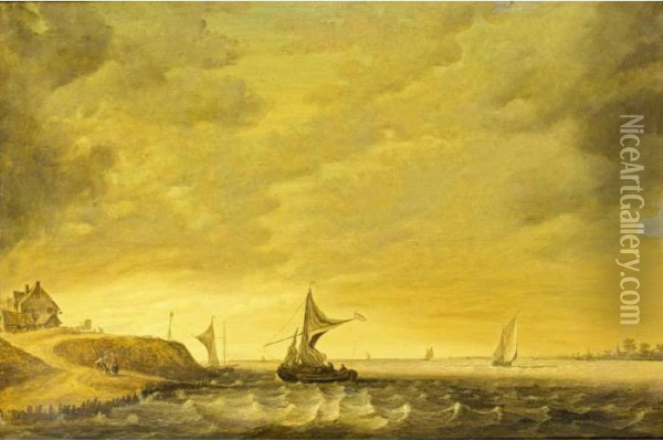 A River Landscape With Sailing 
Boats In Choppy Waters And Figures Conversing On The Shore Oil Painting - Jan van Goyen