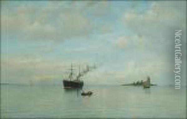 Steamer On A Calm Sea Oil Painting - Oskar Conrad Kleineh