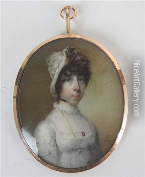 Portrait Miniature Of A Lady Wearing A White Dress And Lace Bonnet With A Long Gold Chain Suspended From Her Neck Oil Painting - Horace Hone