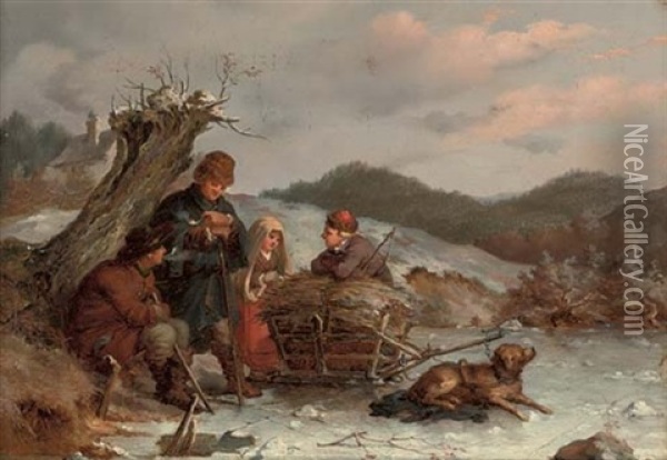 A Rest On The Way, Summer (+ A Rest On The Way, Winter; Pair) Oil Painting - Guido Bach