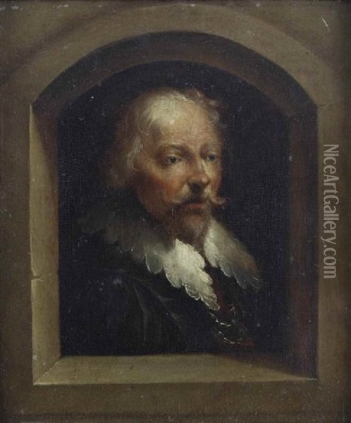 Portrait Of A Man In A Small Window, Bust-length, In A Black Coat With A White Collar Oil Painting - Johann Georg Platzer